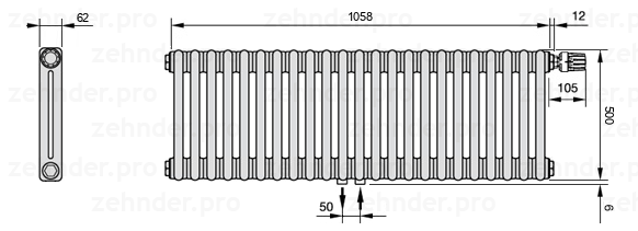 Схема (чертеж) Радиатор Zehnder Charleston 2050/23 №V008 Белый глянцевый RAL 9016
